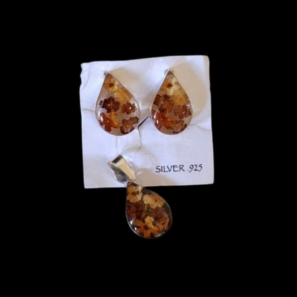 VTG 925 Sterling Pressed Flowers Earrings Pendant SET 🌺 - Picture 1 of 10